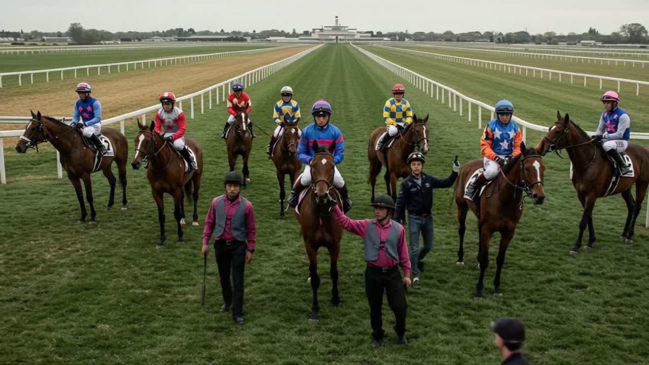 A Thrilling Moment in Horse Racing: Jockeys and Horses Gather at the Track Ready for the Next Competition with Enthusiasm and Determination