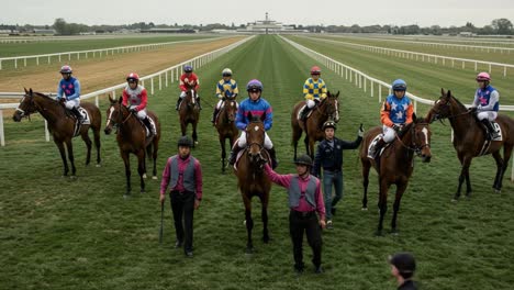 a thrilling moment in horse racing: jockeys and horses gather at the track ready for the next competition with enthusiasm and determination