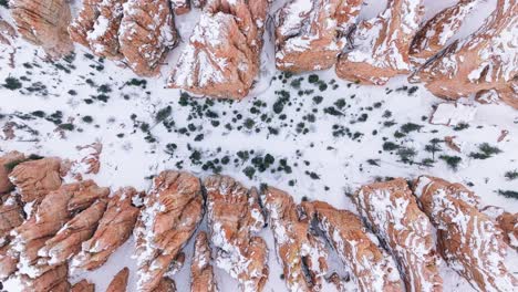 Vista-De-Arriba-Hacia-Abajo-Del-Parque-Nacional-Bryce-Cubierto-De-Nieve-En-Utah,-Estados-Unidos---Disparo-De-Un-Dron