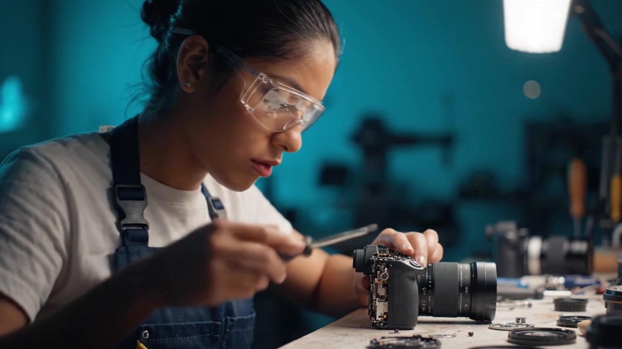 A Skilled Technician Diligently Repairs a Camera on a Workbench Surrounded by Tools, Showcasing Precision and Attention to Detail in Photography Equipment Maintenance