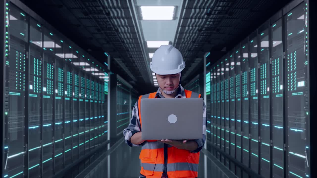 Front View of Asian Male Engineer Use Computer While Walking in Server Room Data Center