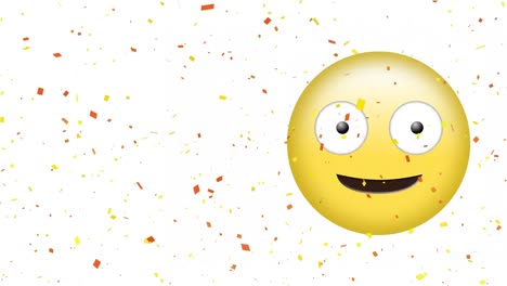 Animation-of-red-and-yellow-confetti-falling-over-smiling-and-winking-emoji-on-white-background