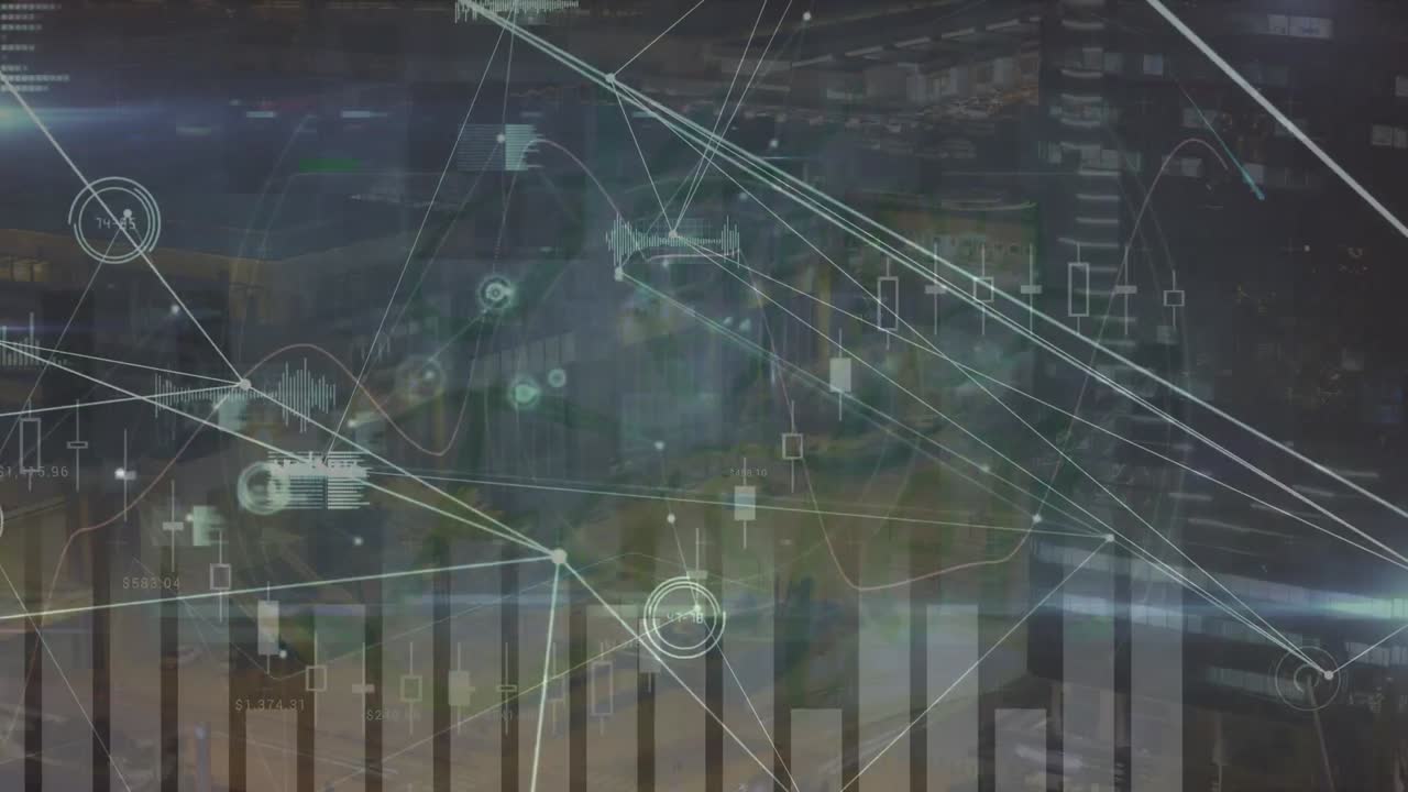 animación de la red de conexiones con procesamiento de datos sobre el paisaje urbano