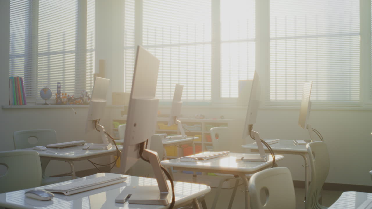 Modern Educational Space with Computer Desks White Monitors Computer Science Classroom