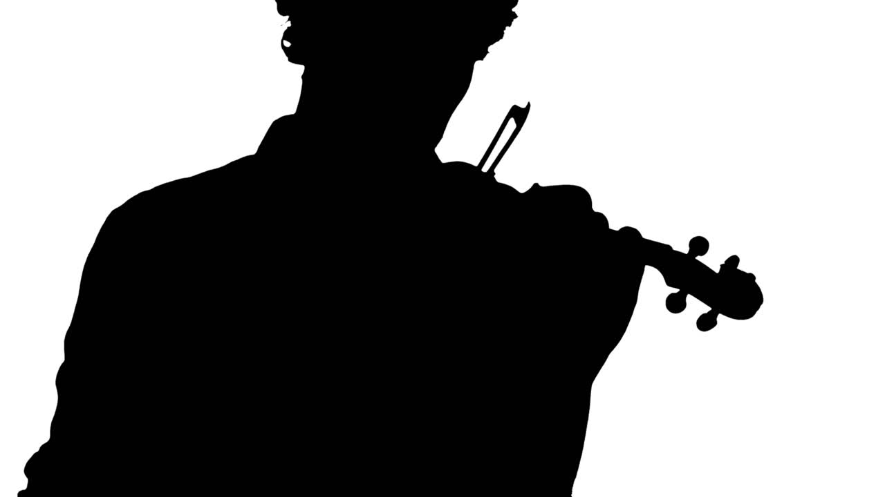 Animazione di silhouette nera di uomini che suonano il violino su sfondo bianco.