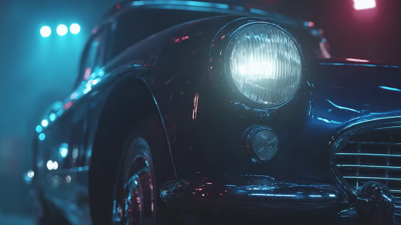 Una splendida auto retrò illuminata da luci al neon, che mette in mostra il suo design classico e la finitura lucente in un'atmosfera mistica