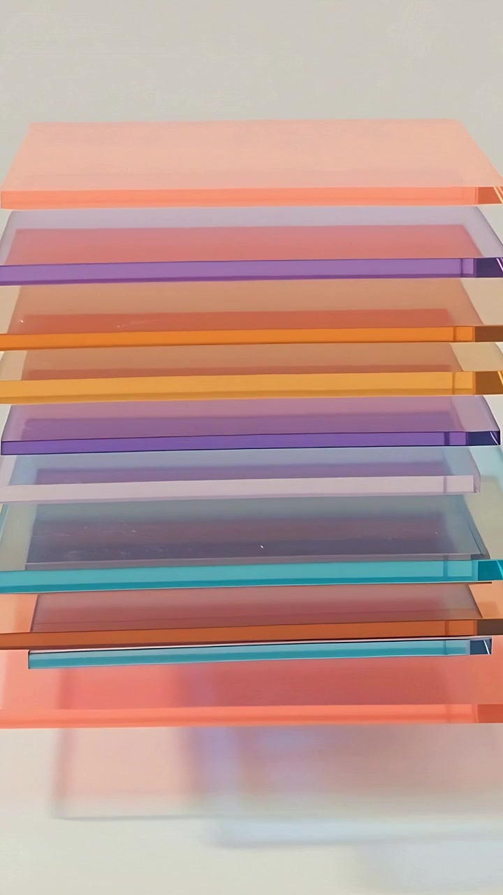 Video verticale: Pila di pannelli traslucidi che si sposta e si inclina su un tavolo chiaro, proiettando ombre colorate.