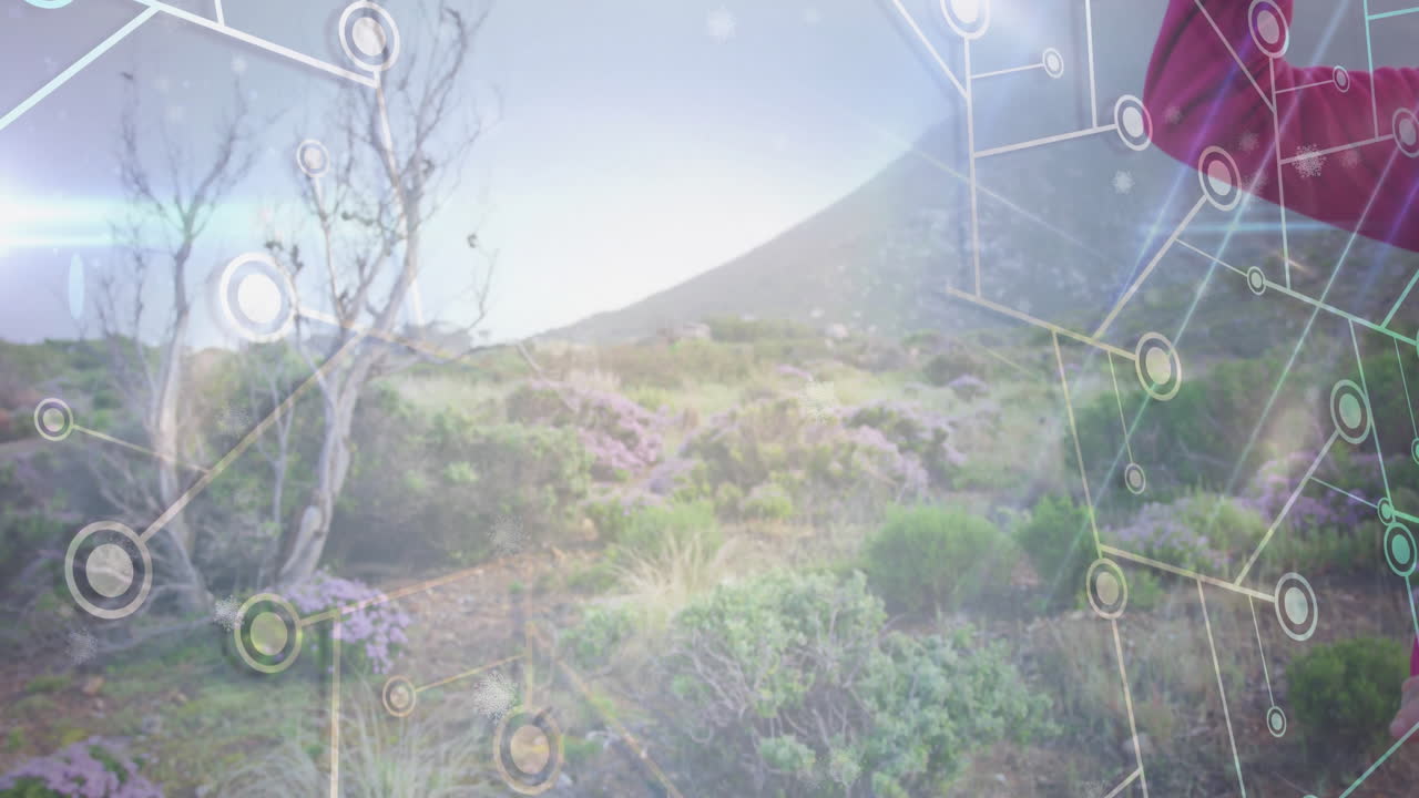 mature adult woman using tech interface over hillside scrub and gnarled tree, with network overlay