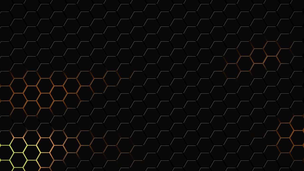 어두운 육각형 기하학, 반이는 타일, 3d 애니메이션, 네온 led 조명, 빛의 모양, 사이버 디지털 패턴 기술, 배경 색상, 어두운 갈색