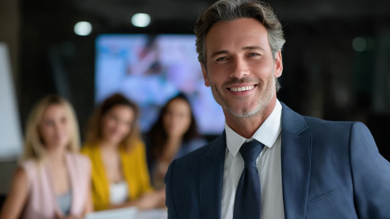 Confident Professional Leading a Team Meeting with Colleagues Engaged in the Background, Showcasing Collaboration and Leadership in a Modern Office Environment