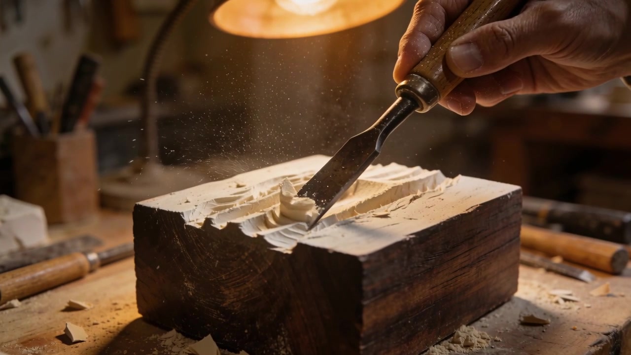 Abbassando lo scalpello, la mano di un artigiano taglia una scanalatura più profonda in un blocco di legno sotto una lampada per rifinire il motivo.