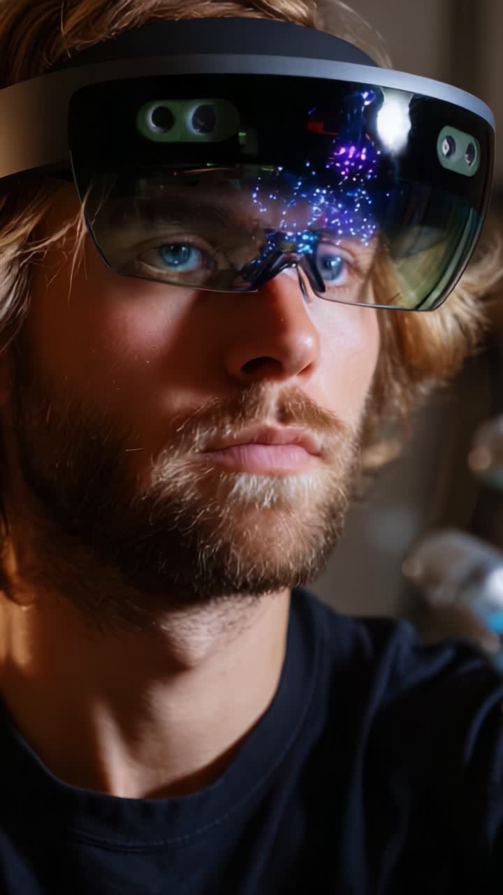 A close-up of a man wearing advanced augmented reality glasses, showcasing the intricate digital displays and vibrant colors in a controlled environment