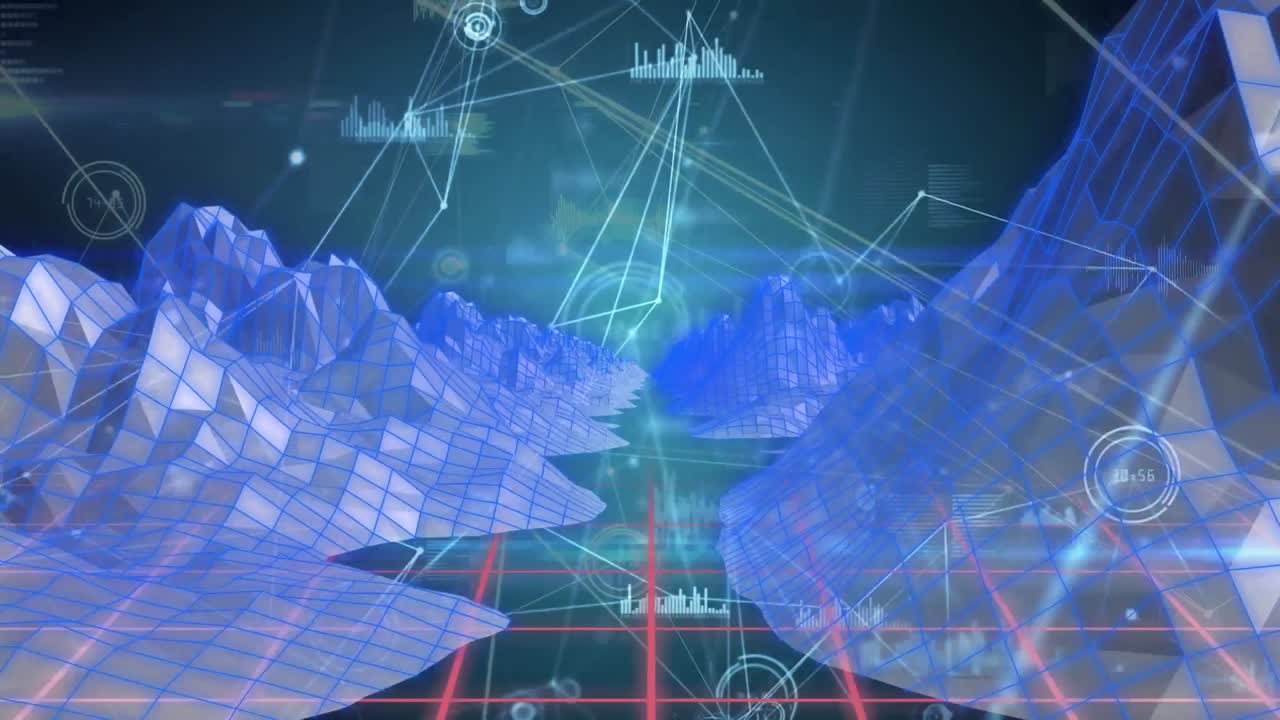 데이터 처리, 연결 네트워크 및 검은 바탕에 있는 3d 모델의 애니메이션