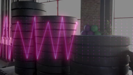 forma de onda rosa y animación de cuadrícula sobre placas de peso apiladas en el gimnasio