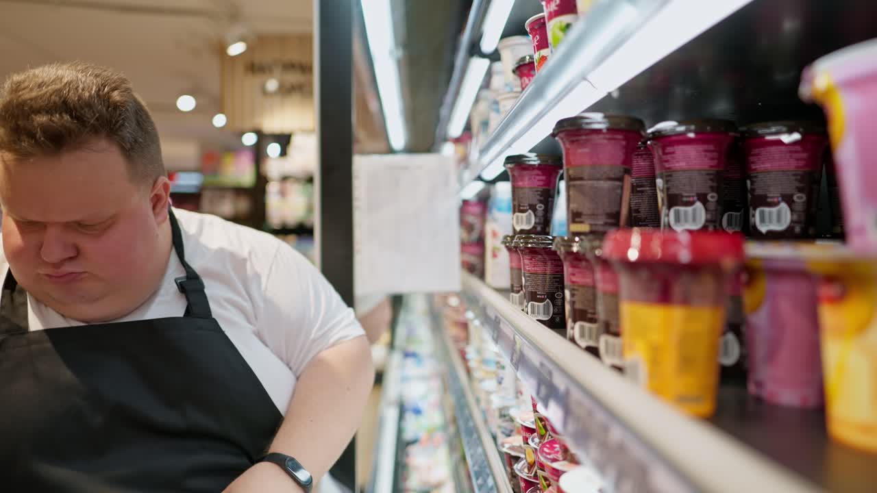 심각한 과체중 남성 슈퍼마켓 근로자는  ⁇  티셔츠와 검은 아프론을 입고 카운터에 요구르트와 매운 크림을 놓습니다.