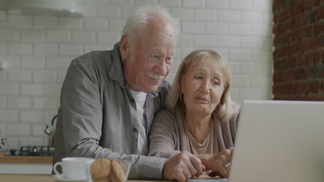 senior couple using laptop together in kitchen