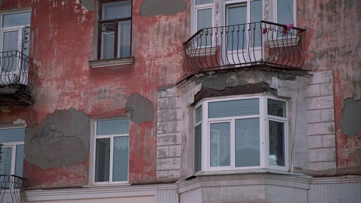 Esterno di vecchio edificio con vernice danneggiata
