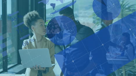 animation of financial data processing over diverse business people in office
