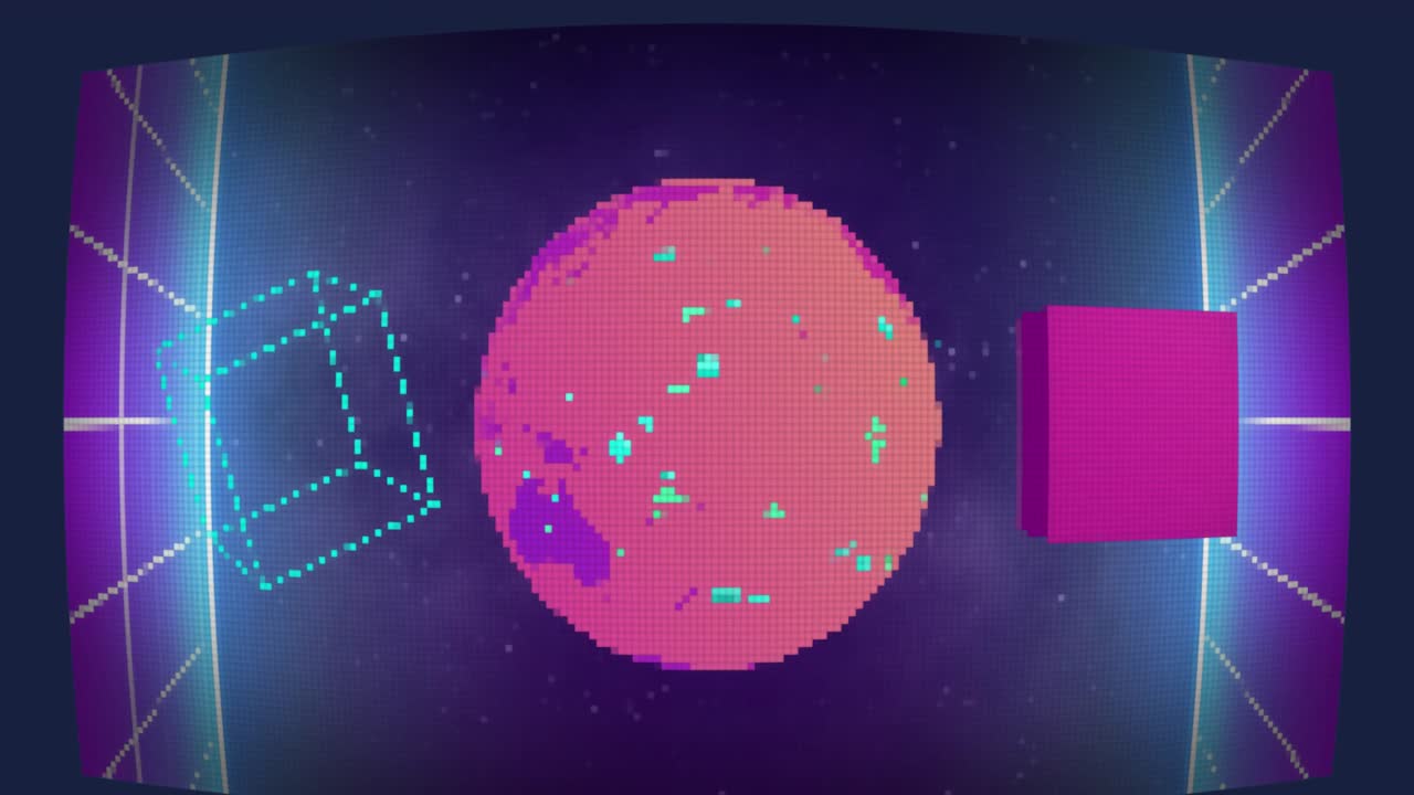 Animation of cube shapes and globe spinning over neon grid network against space