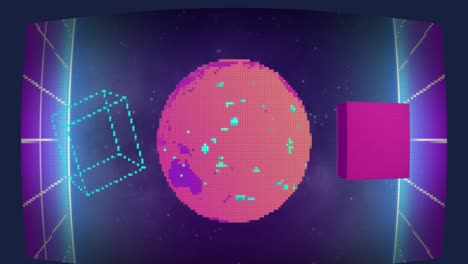 animación de formas de cubo y globo girando sobre la red de neón contra el espacio