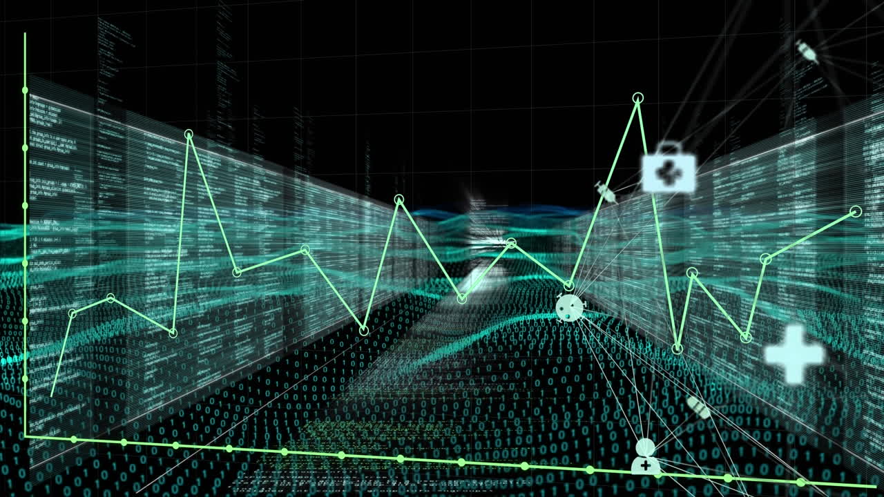 animación de globos de iconos digitales y gráficos contra ondas digitales y pantallas con procesamiento de datos