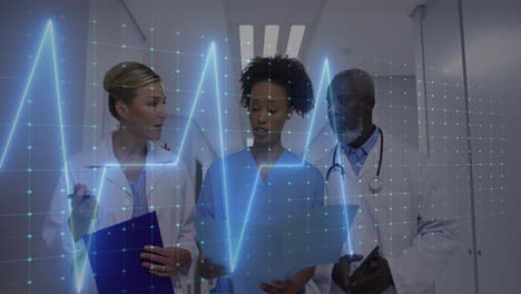 animation of heart rate monitor against team of diverse doctors discussing in hospital corridor