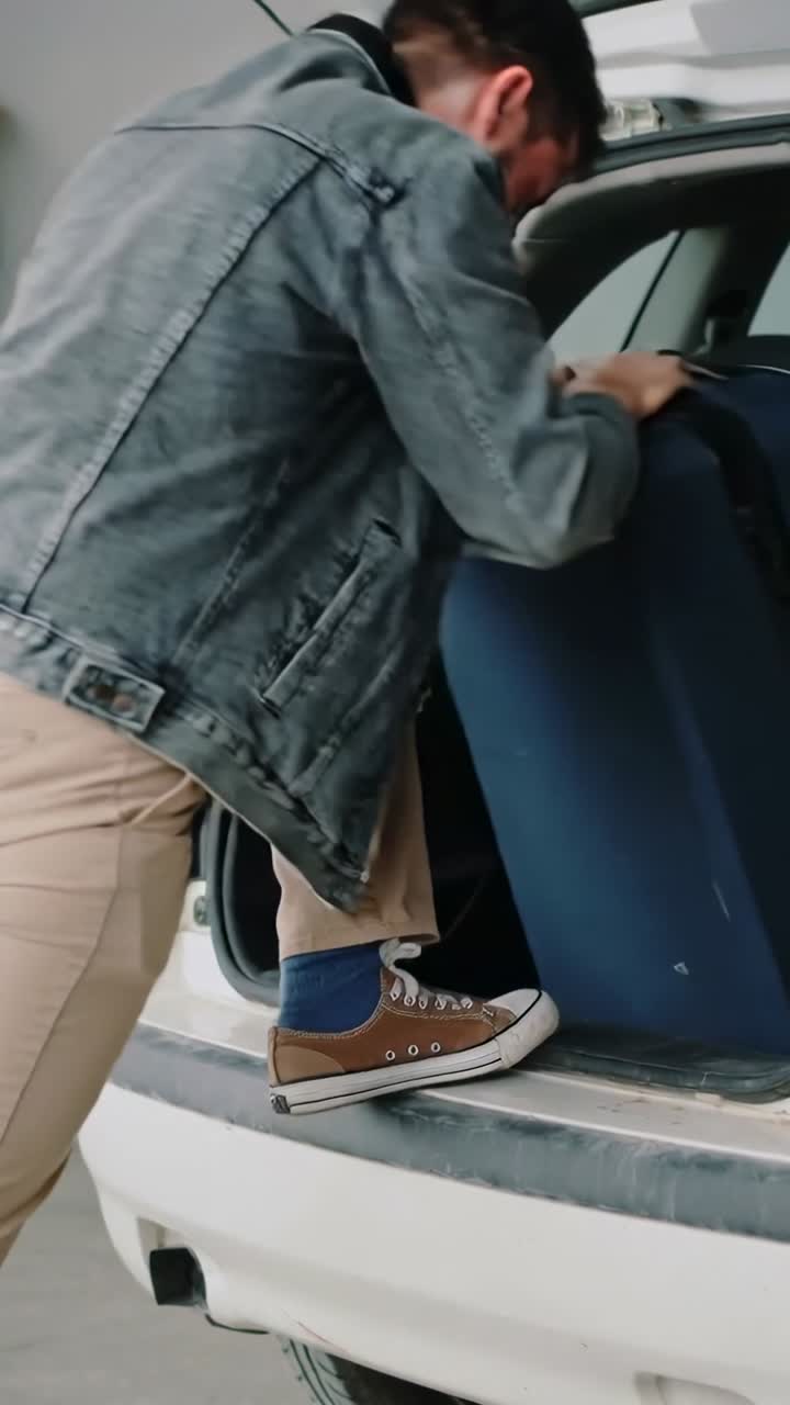 Video vertical: Hombre en vaqueros poniendo el pie en el parachoques, levantando una maleta azul para meterla en un coche blanco en el garaje.