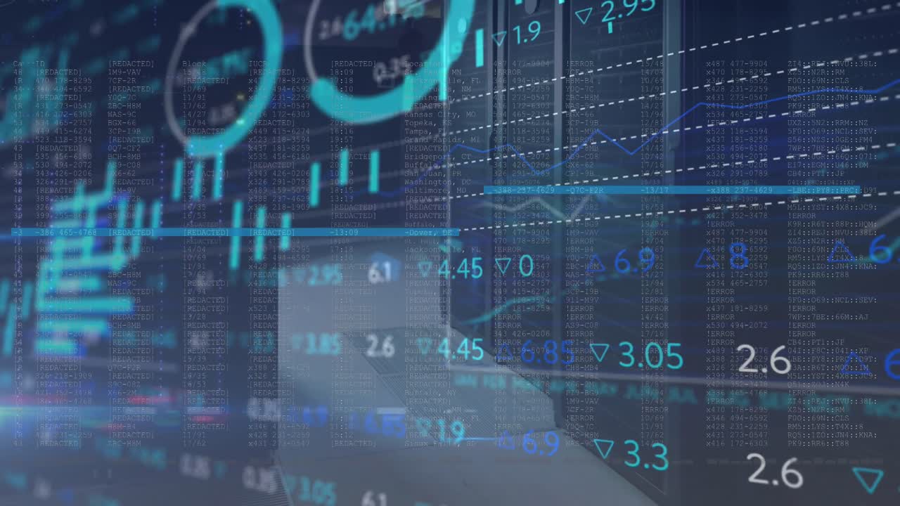 animación del procesamiento de datos del mercado de valores contra la sala de servidores informáticos