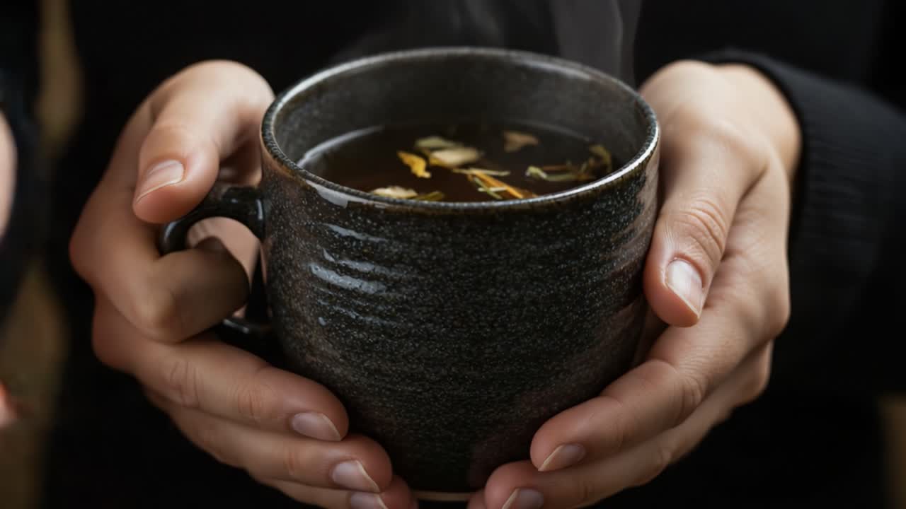 Hands holding a steaming mug of warm herbal tea