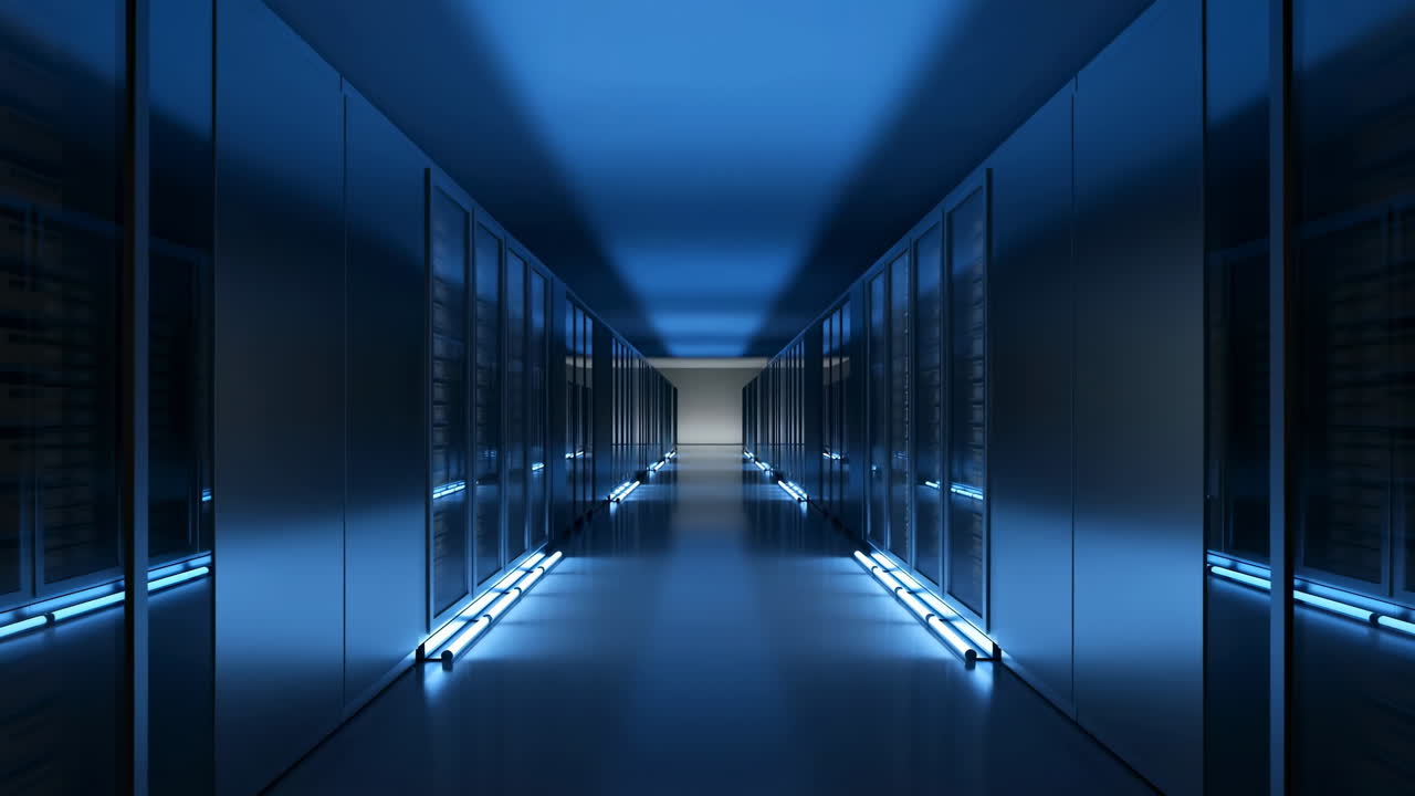 Corridoio server vuoto blu con rack luminosi, armadi in vetro, luci a pavimento a LED, pavimento lucidato riflettente.
