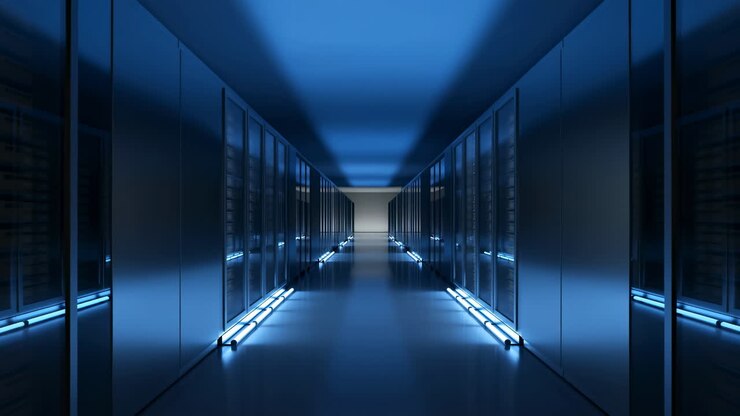 Corridoio server vuoto blu con rack luminosi, armadi in vetro, luci a pavimento a LED, pavimento lucidato riflettente.