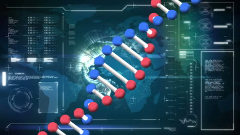 animation of dna strand over data processing on black background