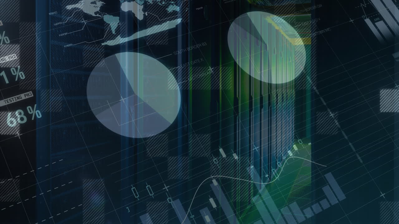 Animation of financial data processing over black background