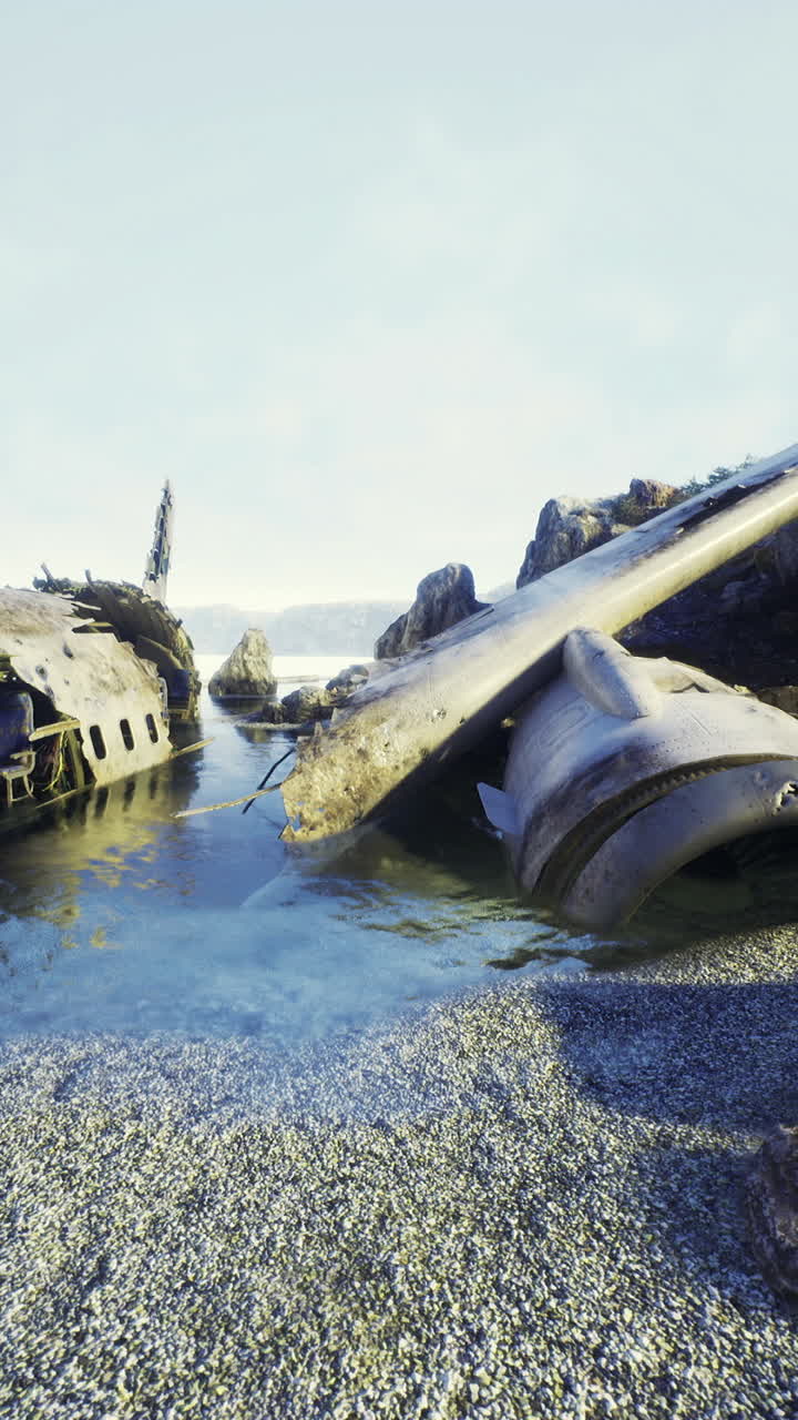 Shipwreck on a rocky shore under clear blue sky at sunrise