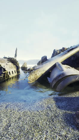 shipwreck on a rocky shore under clear blue sky at sunrise