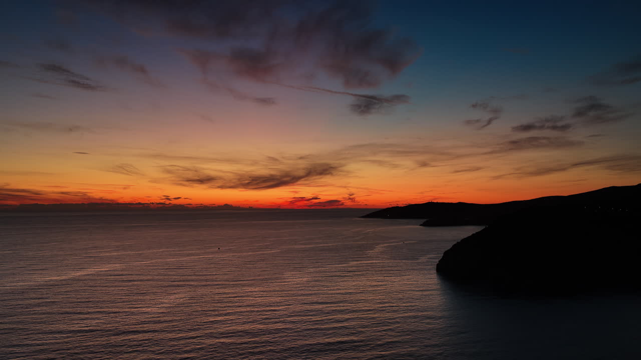 Aerial drone view of a vivid sunset over calm open sea, with warm orange and red tones glowing across the horizon. Montenegro