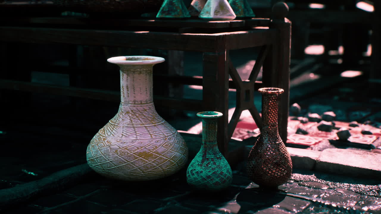 Ceramiche colorate al vivace mercato in una piccola città africana a mezzogiorno