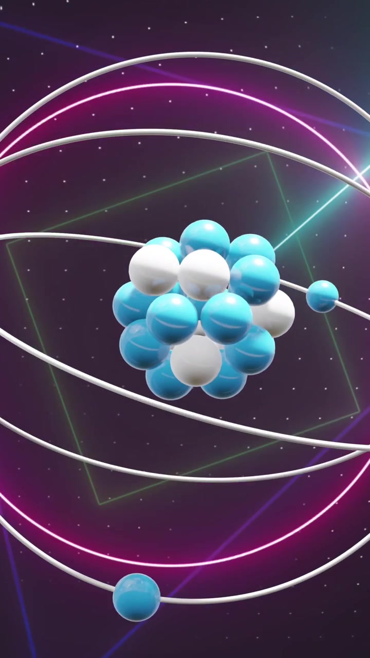 Animation of micro of atom models and neon circles over black background