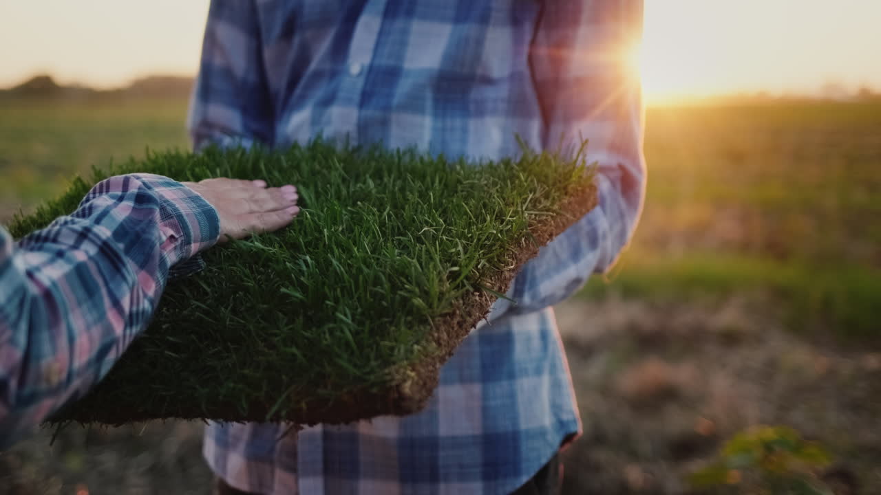 La mano di una contadina tocca un pezzo di terra dove cresce erba verde al tramonto.
