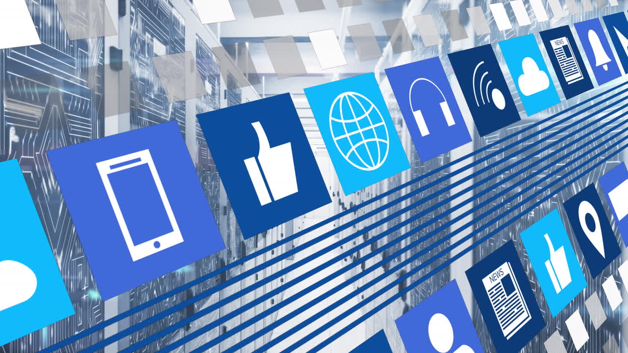 서버 의 서버 랙에 있는 회로판 패턴 위의 사각형의 아이콘의 애니메이션