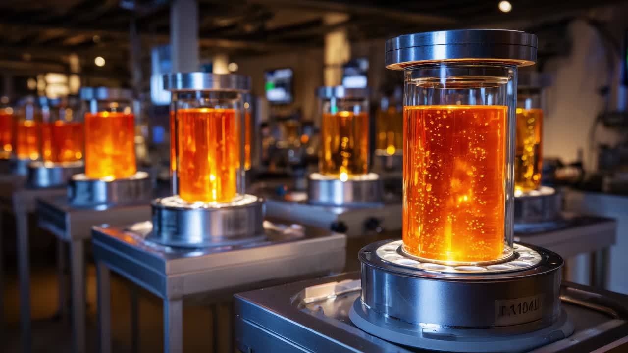 Illuminated laboratory scene featuring multiple glass cylinders filled with glowing orange liquid, showcasing intricate machinery and advanced technology, symbolizing innovation and scientific exploration