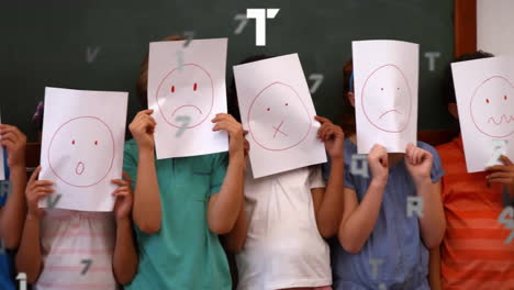 animación de números y letras sobre diversos escolares en la escuela