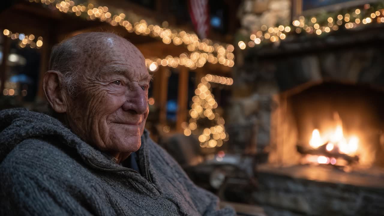 Una serata calda e accogliente: un uomo anziano si gode il comfort di una stanza illuminata dal fuoco e adornata con luci festive, abbracciando la gioia e l'appagamento durante le festività natalizie