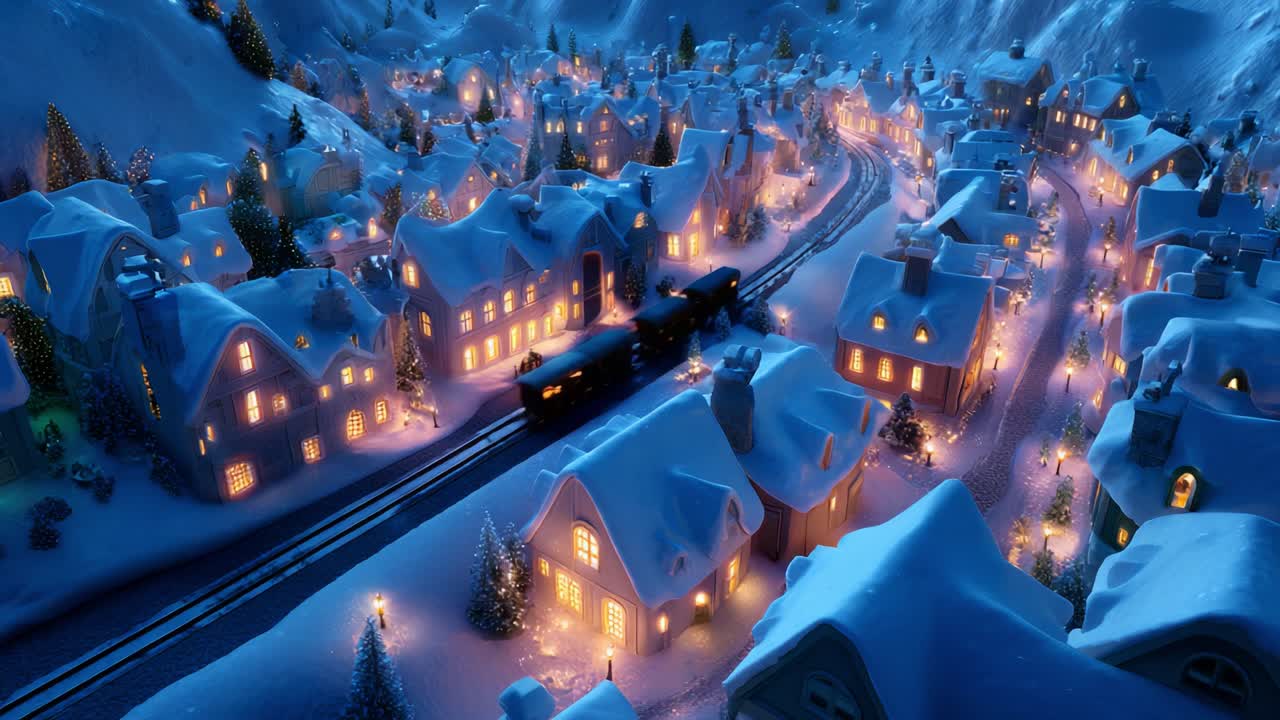 A Magical Winter Wonderland: Enchanting Snow-Covered Village Illuminated by Warm Lights and a Charming Train Traveling Along the Twinkling Tracks Through a Picturesque Scenery at Night