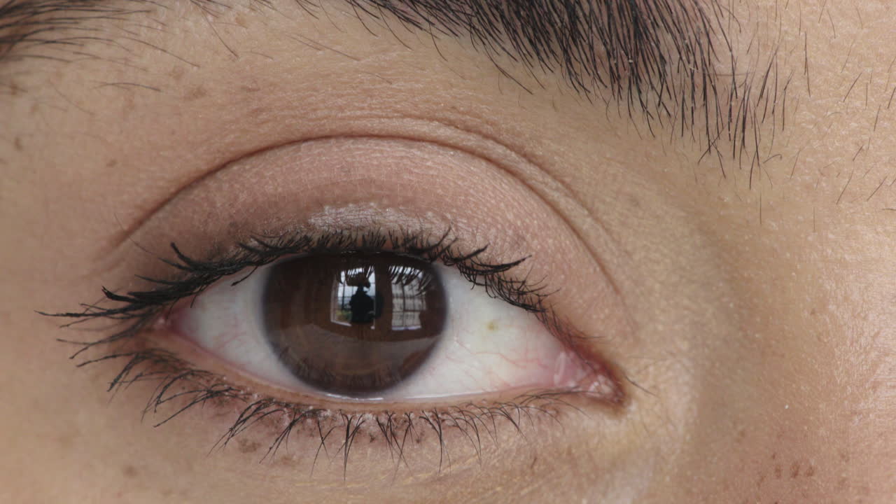 가까이서 보는 여자 아름다운 눈  ⁇ 박이는 카메라에 행복해 보이는 시력 시력 반사