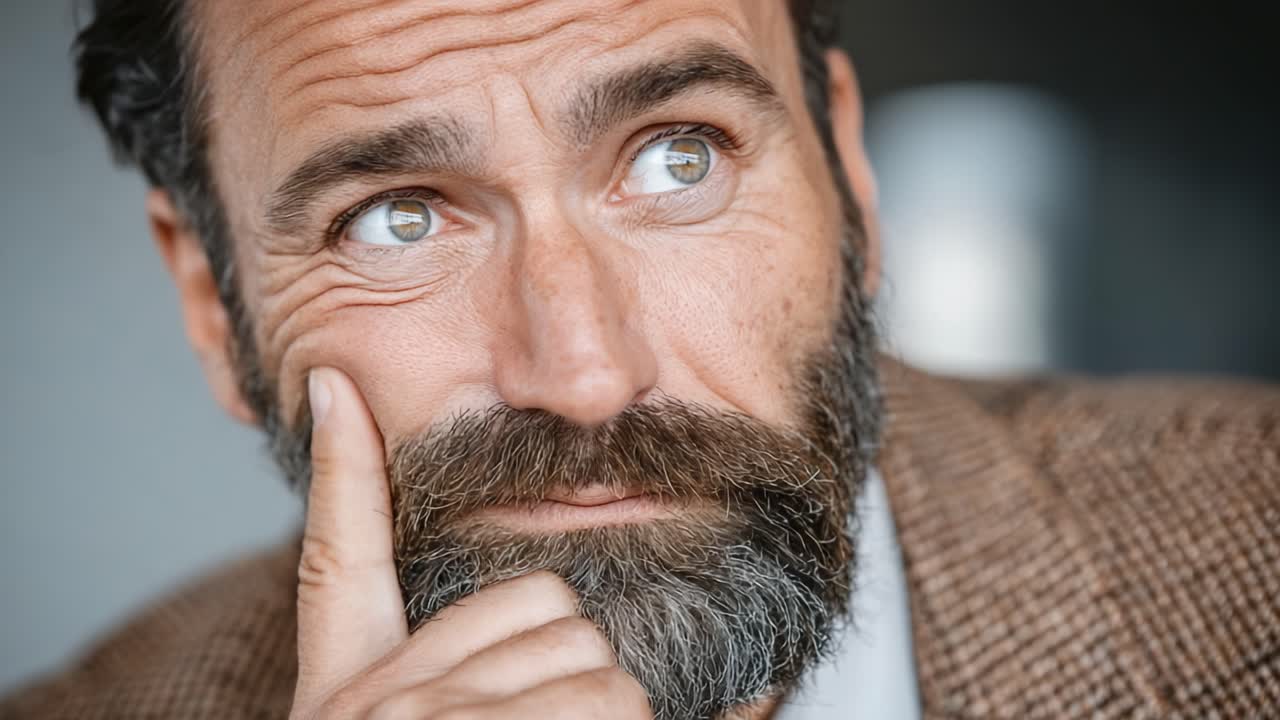 Thoughtful Man with a Beard Contemplates Deeply in a Reflective Moment, Expressing Various Emotions Through Subtle Changes in His Facial Expression and Gaze