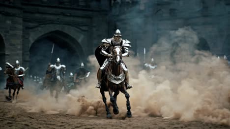 a dramatic video still of a knight on horseback charging through dust, captured from a low angle