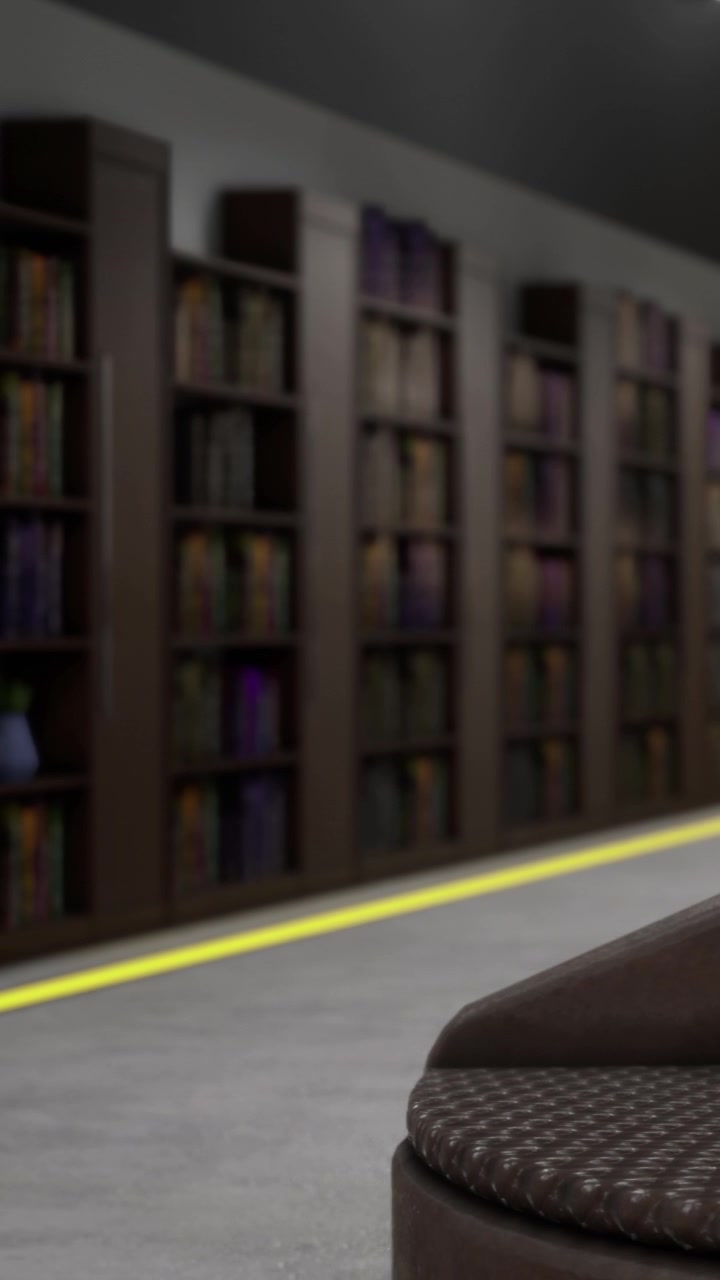 Interno di una biblioteca con scaffali per libri e posti a sedere in uno spazio moderno.