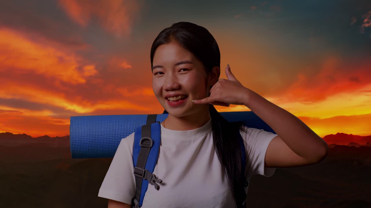 해가 지는 동안 전화 제스처를 하는 배을 가진 미소 짓는 여자