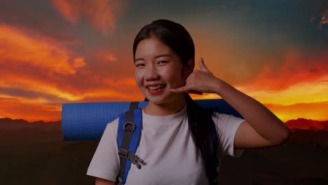 해가 지는 동안 전화 제스처를 하는 배을 가진 미소 짓는 여자